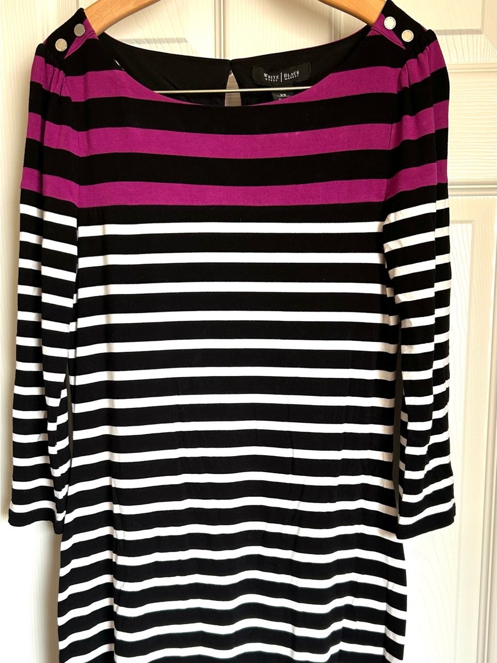 White House Black Market Black, White & Magenta Striped Long Sleeve Dress